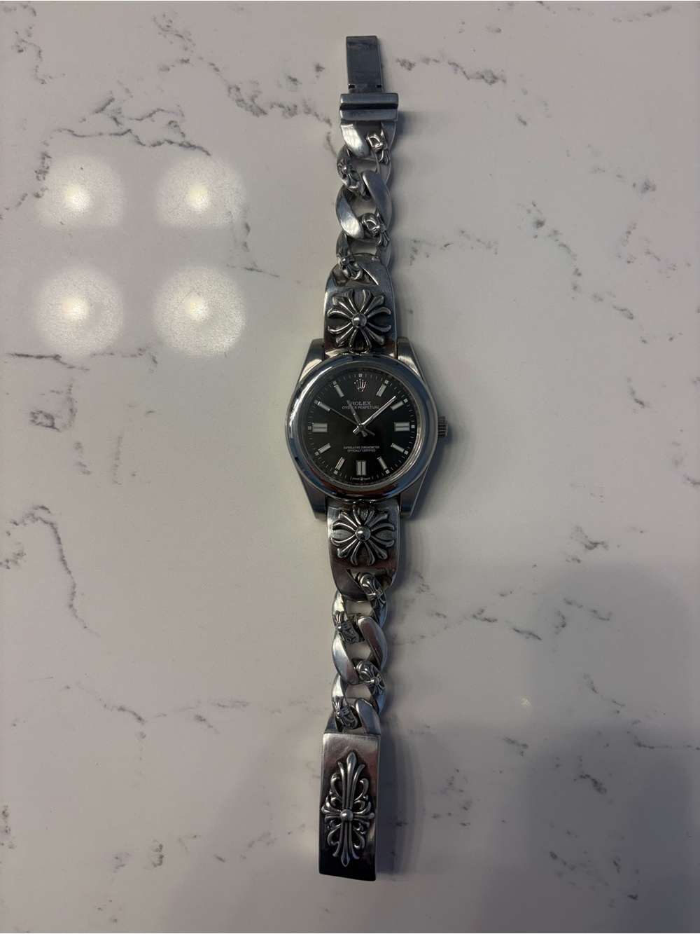 CH Rollie Sterling Silver Floral Link Watch with Black Dial